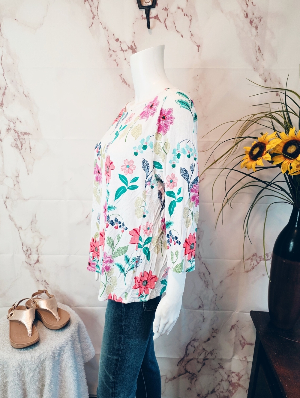J Jill Floral Top Petite Large Rayon Spandex Stretch Casual Spring Blouse - Picture 5 of 8